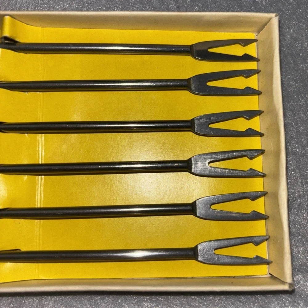Vintage Fondue Forks 6pc Set Stainless Steel Teak Coded Handles w/Box ~Japan